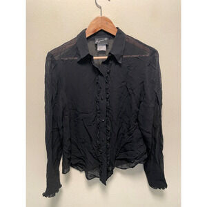 Vintage Womens Top Size 8 Black Chiffon Sheer Ruffle Button Up Victorian 90s